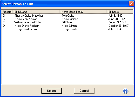 Select Person to Edit dialog