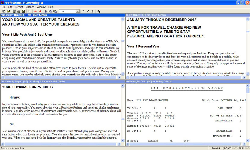 Main program window, with 4 reports displayed sid-by-side