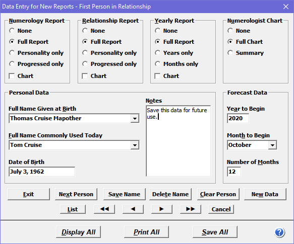 Data entry dialog box where you select reports and enter names and birth date